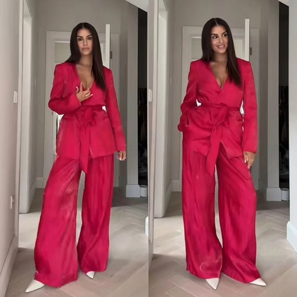 Zara Set 2 pc Wide Leg Satin Pants and Belted Blazer Pink  Size  S and M